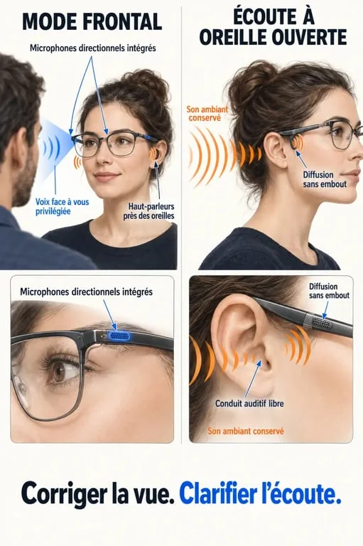 Schéma du fonctionnement d'une lunette avec appareil auditif et de ses microphones intégrés