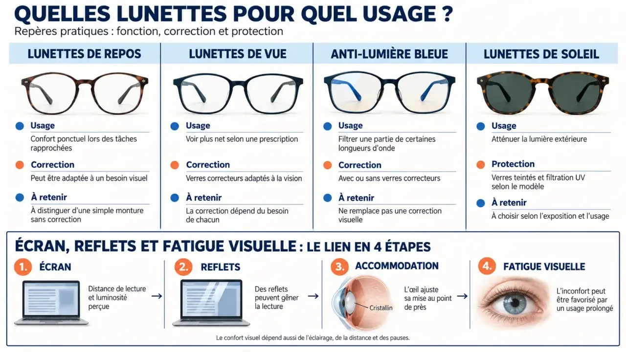 Lunette de repos : comparaison avec lunettes de vue, anti-lumière bleue et lunettes de soleil