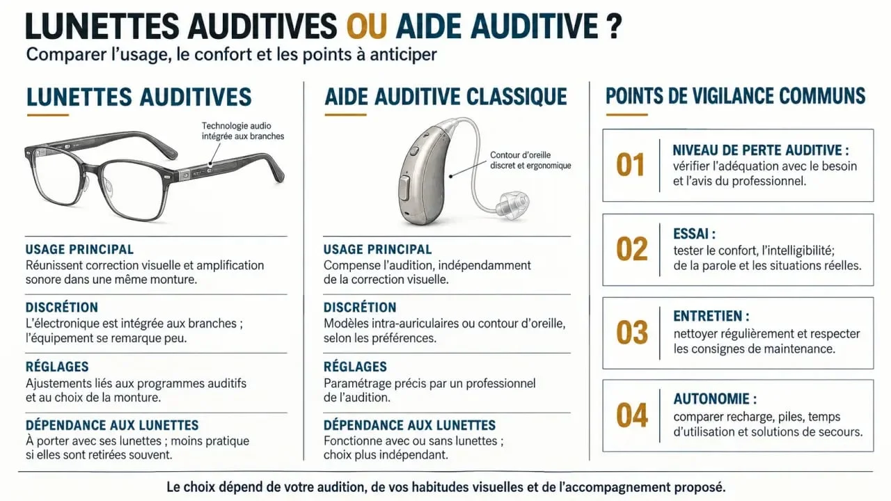 Infographie comparative entre lunette avec appareil auditif et aide auditive classique