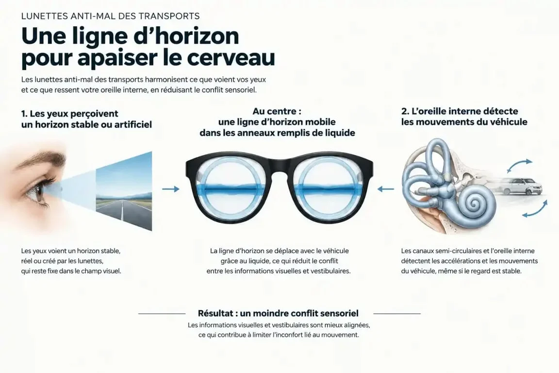 Lunette mal transport : schéma du fonctionnement de l’horizon artificiel et du conflit sensoriel