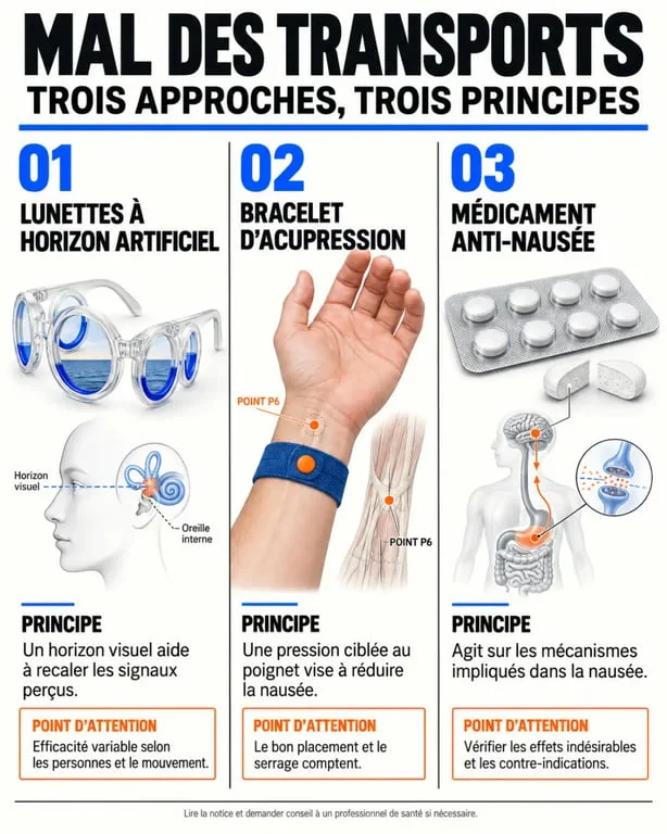 Lunette mal transport et solutions alternatives : comparaison visuelle des principes et limites